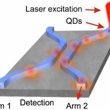 Generation, guiding and splitting of triggered single photons from a resonantly excited quantum dot in a photonic circuit